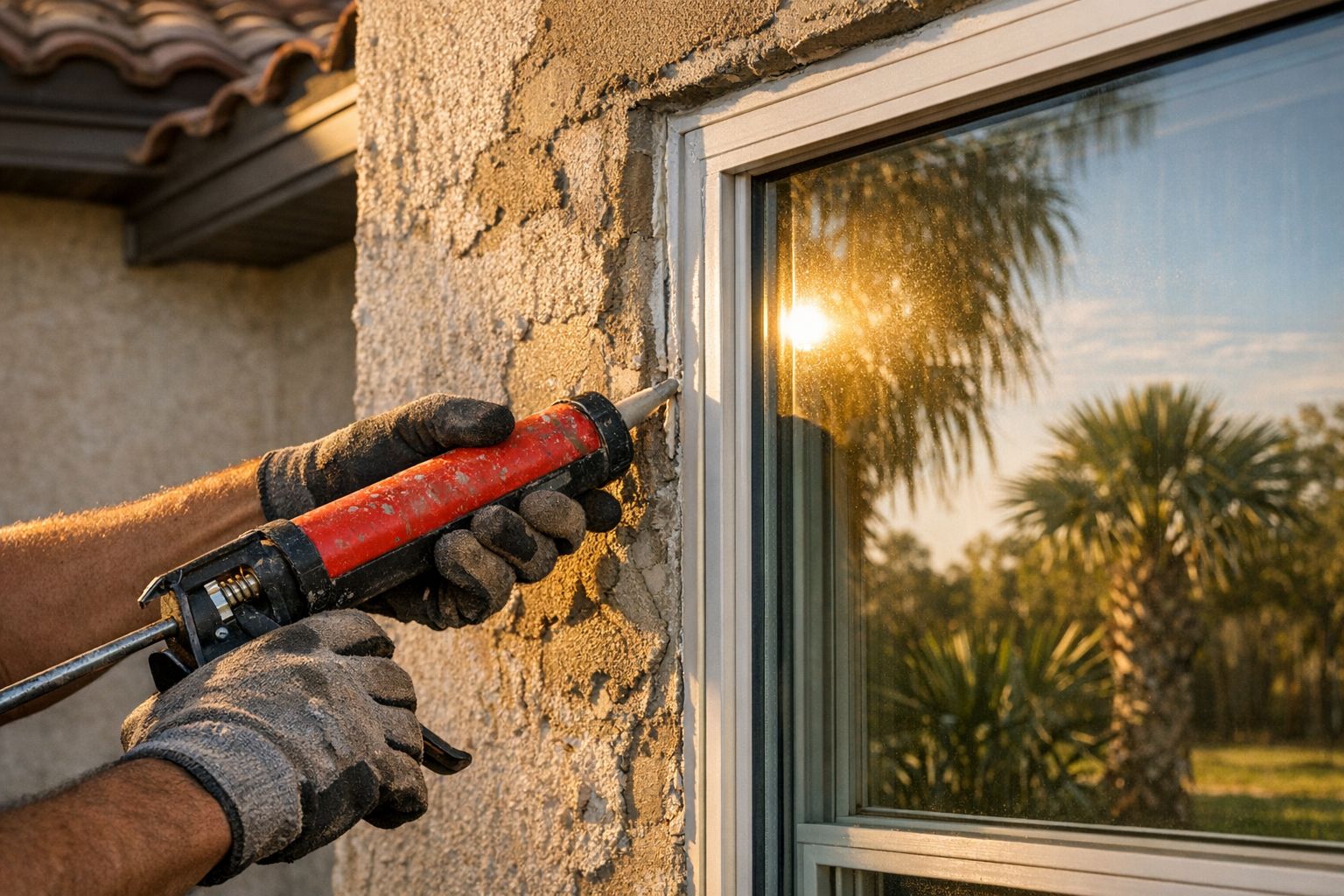 Wrapped impact window units staged against a stucco block wall in Spring Hill, Florida
