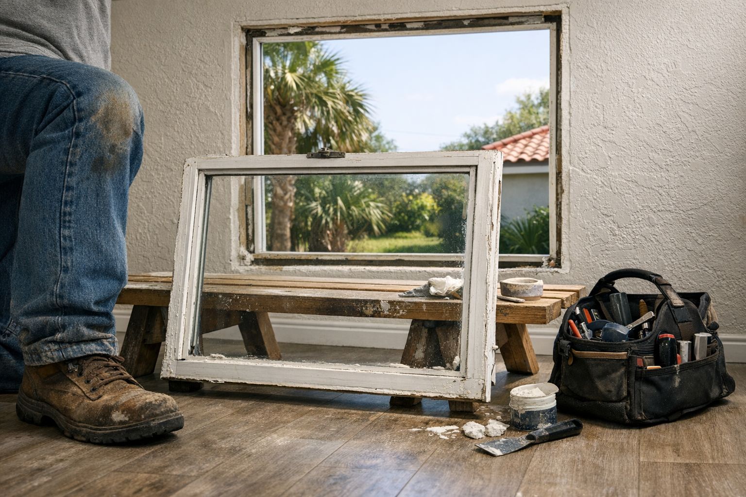 Composite shims and a level on the block sill of an impact window opening in Spring Hill, Florida